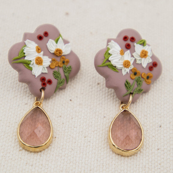 mauve floral quatrefoil polymer clay earrings with red bean glass drop dangle