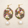 Daisies on mauve polymer clay earrings with freshwater pearl dangle