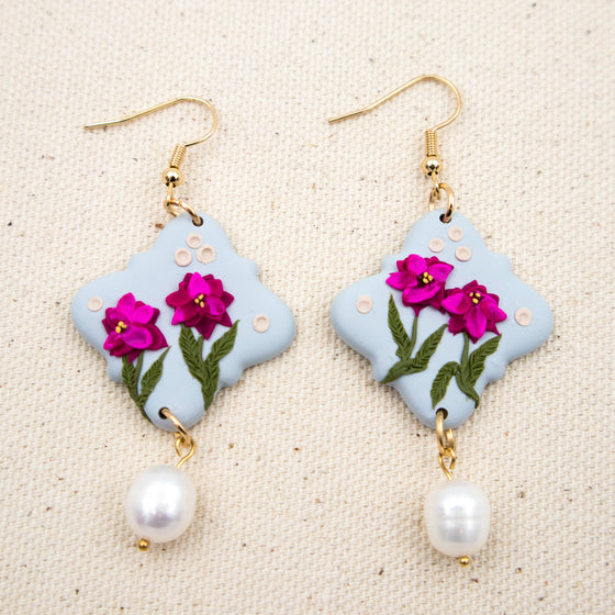 peonies on pale blue polymer clay earrings with freshwater pearls dangle