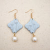 peonies on pale blue polymer clay earrings with freshwater pearl dangles monochromatic
