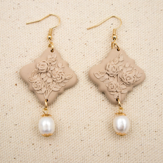rose bush on beige polymer clay earrings with freshwater pearl dangles monochromatic