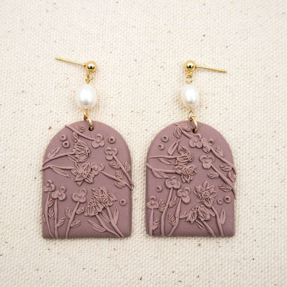 dahlia florals on mauve arch polymer clay earrings with freshwater pearls dangles monochromatic