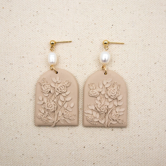 roses on beige arch polymer clay earrings with freshwater pearls dangles monochromatic