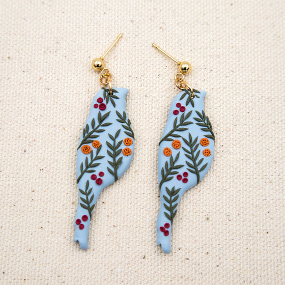 florals on blue bird polymer clay earrings dangles