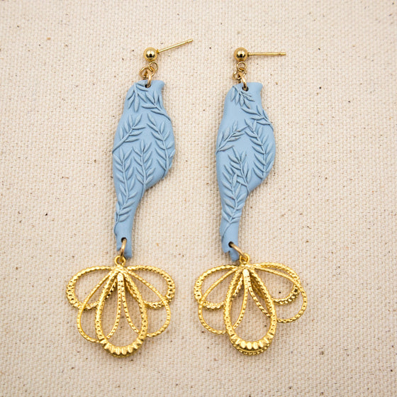 blue bird polymer clay earrings dangles monochromatic