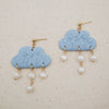 hellebore floral on pale blue cloud polymer clay earrings with freshwater pearls dangles monochromatic