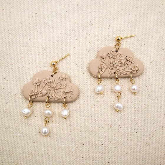 dogwood on beige cloud polymer clay earrings with freshwater pearls dangles monochromatic