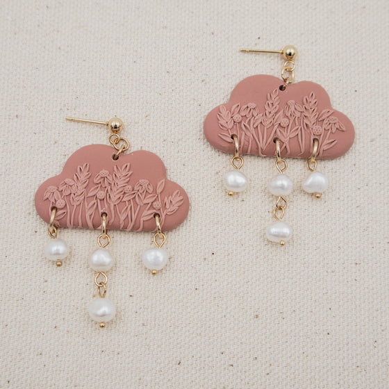 florals on dusty rose pink cloud polymer clay earrings with freshwater pearls dangles monochromatic