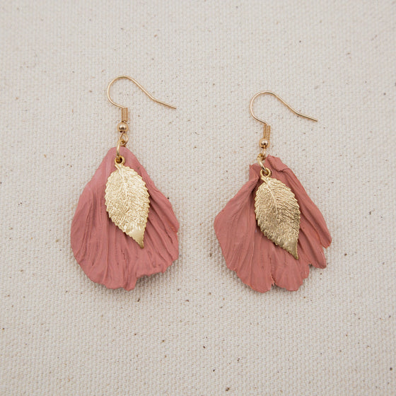 pink petal polymer clay earrings with gold leaf accent dangle