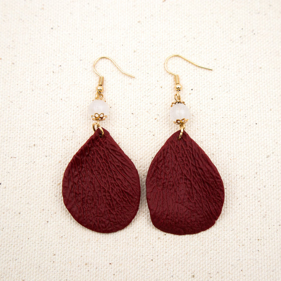 burgundy petal polymer clay earrings with moonstone dangle