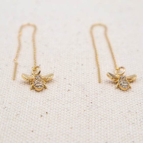 gold bee threader earrings