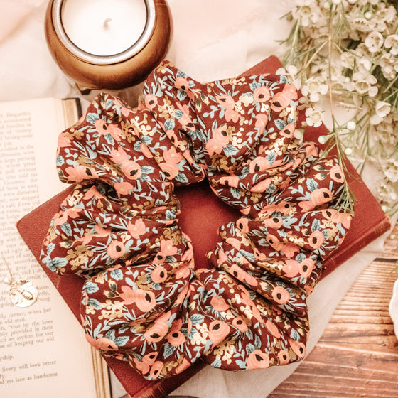 big scrunchie mulberry with pink and gold florals