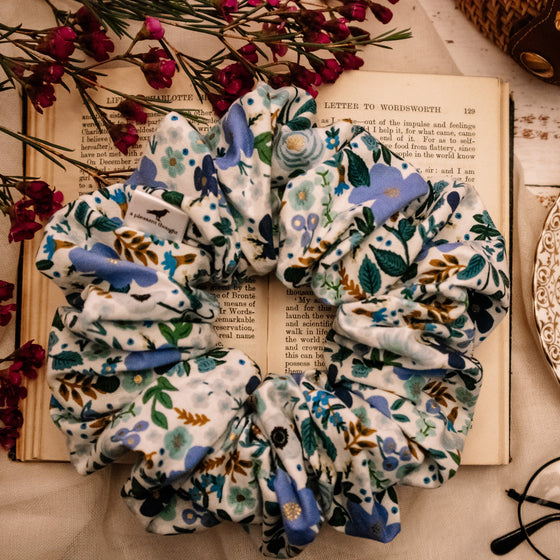 big scrunchie white with blue and gold florals