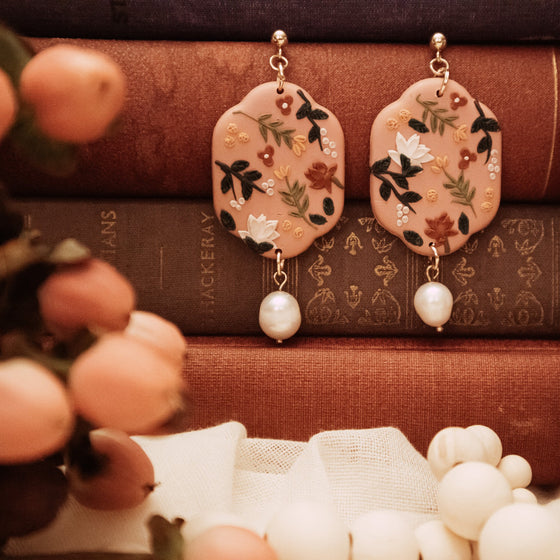 dahlias and florals on pink polymer clay earrings with freshwater pearl dangle