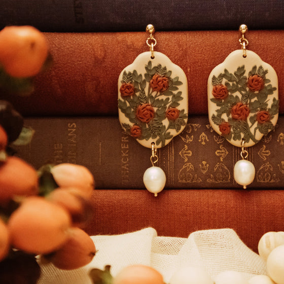 rose trellis on beige polymer clay earrings with freshwater pearl dangle