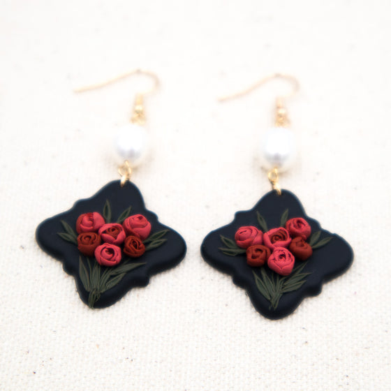 bouquet of roses polymer clay earrings black dangles