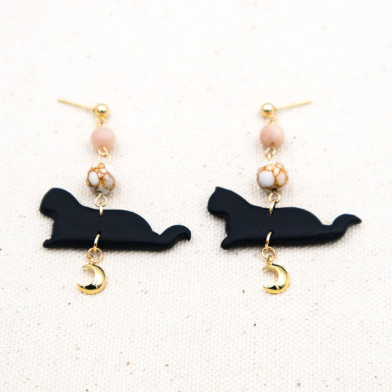 black cat moonstone howlite gold crescent moon polymer clay earrings
