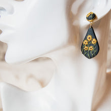  Polymer clay earrings black-eyed susan flowers on black teardrop dangles 