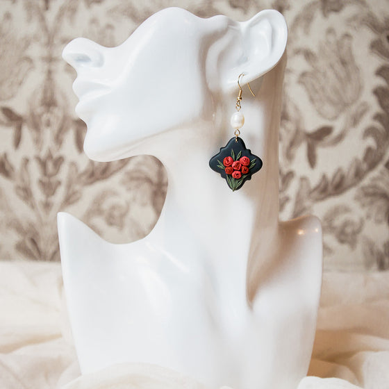 bouquet of roses polymer clay earrings black dangles model