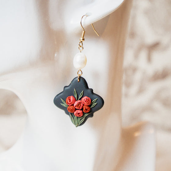 bouquet of roses polymer clay earrings black dangles