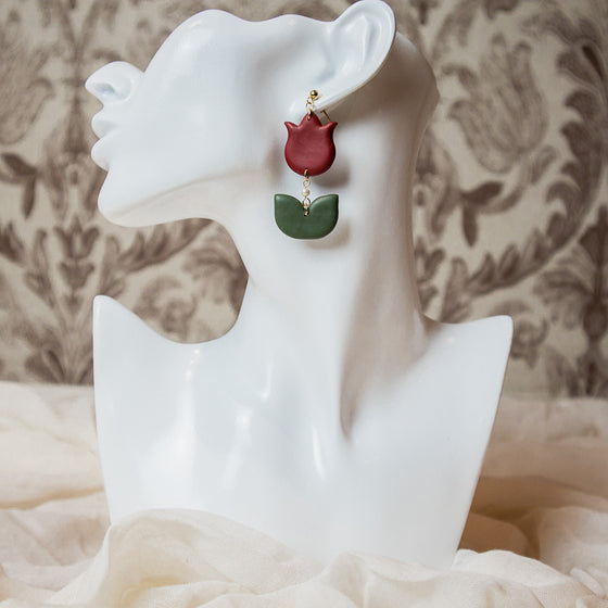 tulip polymer clay earrings red dangles model