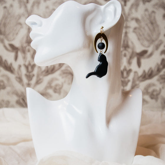 black cat moon onyx polymer clay earrings model