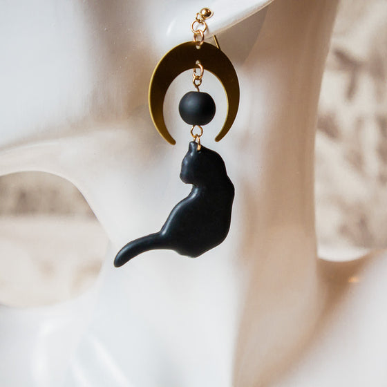 black cat moon onyx polymer clay earrings