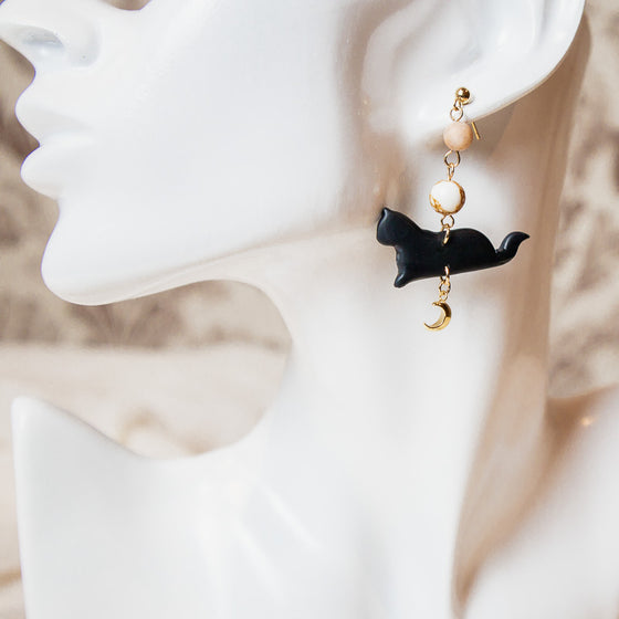black cat moonstone howlite gold crescent moon polymer clay earrings