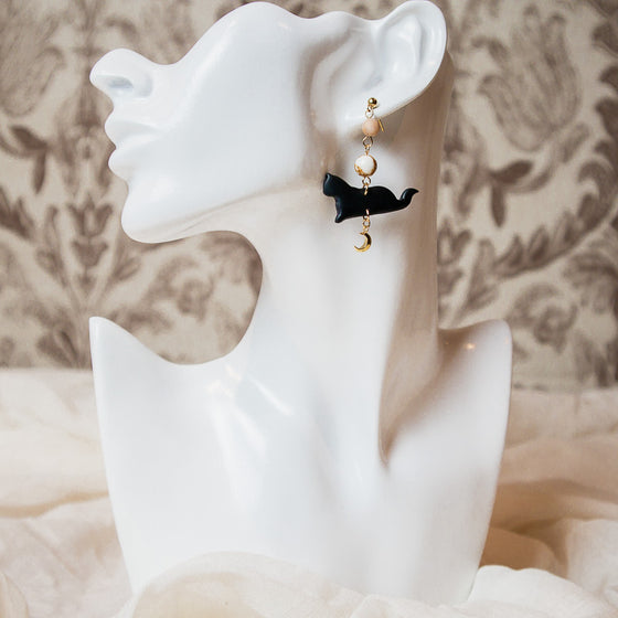 black cat moonstone howlite gold crescent moon polymer clay earrings model