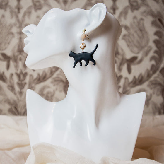 black cat moonstone gold spun howlite polymer clay earrings model