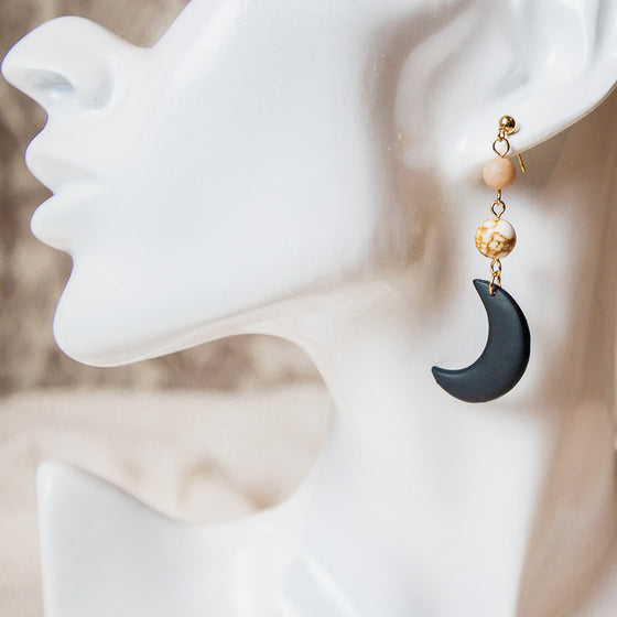 black crescent moon  moonstone gold spun howlite polymer clay earrings