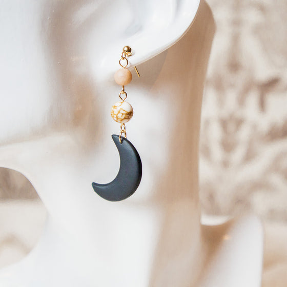 black crescent moon moonstone gold spun howlite polymer clay earrings