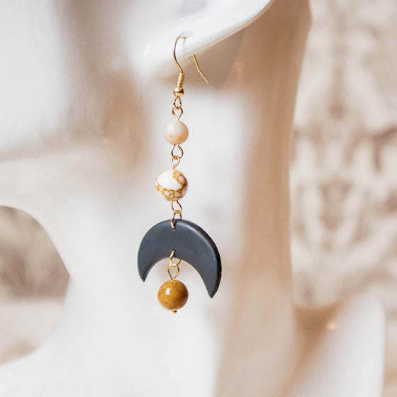black moon moonstone gold spun howlite jasper polymer clay earrings