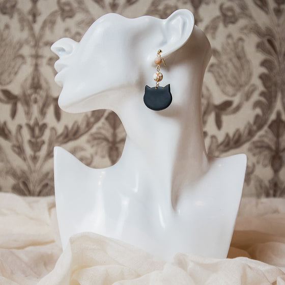 black cat face moonstone gold spun howlite polymer clay earrings model