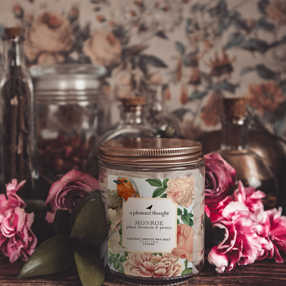 monroe plum blossom and peony Scoopable coconut apricot wax melt whipped into a clear glass jar with a gold lid and spoon notes