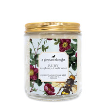  ruby raspberry and wild mint Scoopable coconut apricot wax melt whipped into a clear glass jar with a gold lid and spoon a pleasant thought