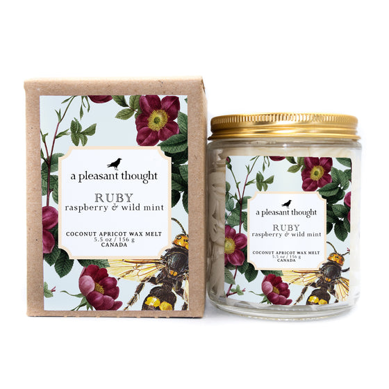 ruby raspberry and wild mint Scoopable coconut apricot wax melt whipped into a clear glass jar with a gold lid and spoon box
