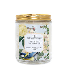  selene rose water and lily Scoopable coconut apricot wax melt whipped into a clear glass jar with a gold lid and spoon a pleasant thought
