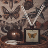 surya amber and wild figs Fragranced diffuser oil housed in an amber glass, apothecary bottle with rattan reed  display