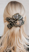 black and gold saree silk scrunchie blonde hair
