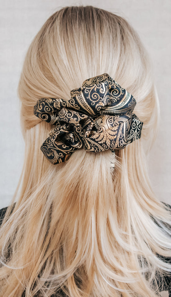 black and gold saree silk scrunchie blonde hair