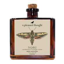  nori cardamom and orange creme Fragranced diffuser oil housed in an amber glass, apothecary bottle with rattan reeds a pleasant thought