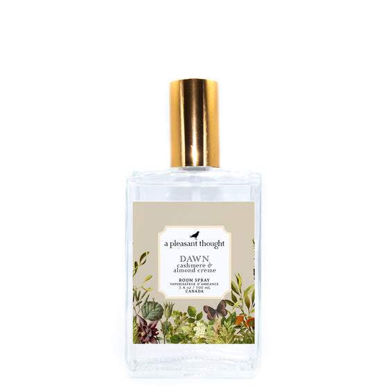 dawn cashmere and almond creme Fragranced room and linen spray housed in a decorative glass bottle with a gold lid a pleasant thought