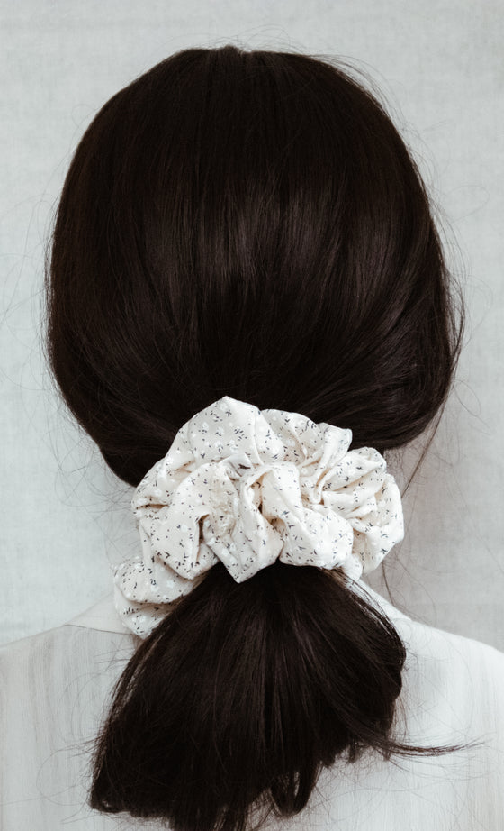 cream floral crepe scrunchie brunette