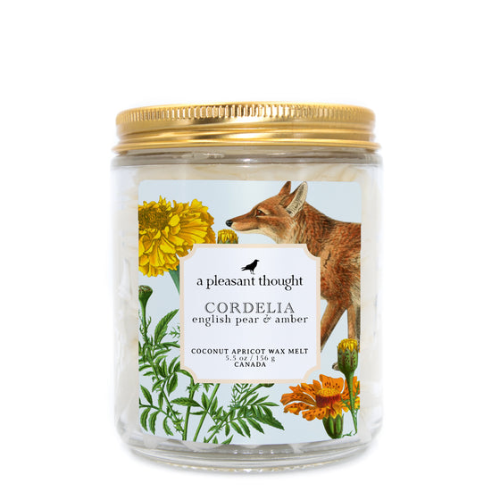 cordelia english pear and amber Scoopable coconut apricot wax melt whipped into a clear glass jar with a gold lid and spoon a pleasant thought