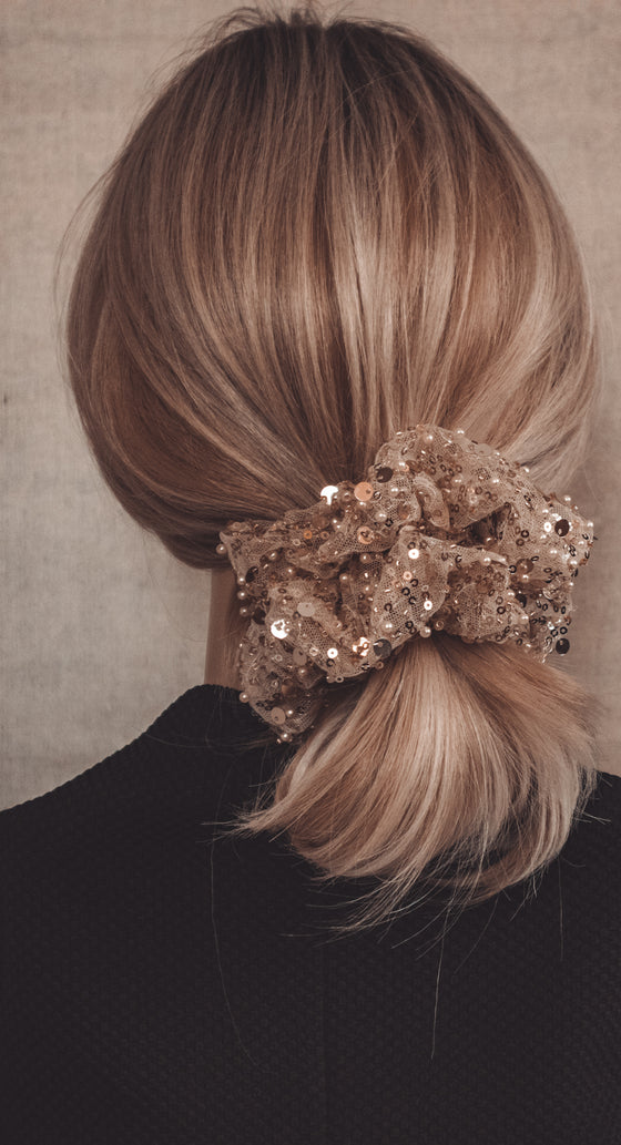 gold tulle and sequin formal scrunchie blonde hair