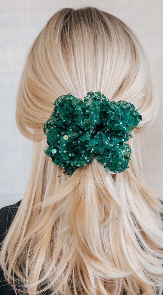green tulle and sequin formal scrunchie blonde up