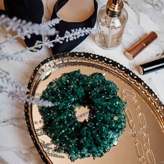 green tulle and sequin formal scrunchie vanity