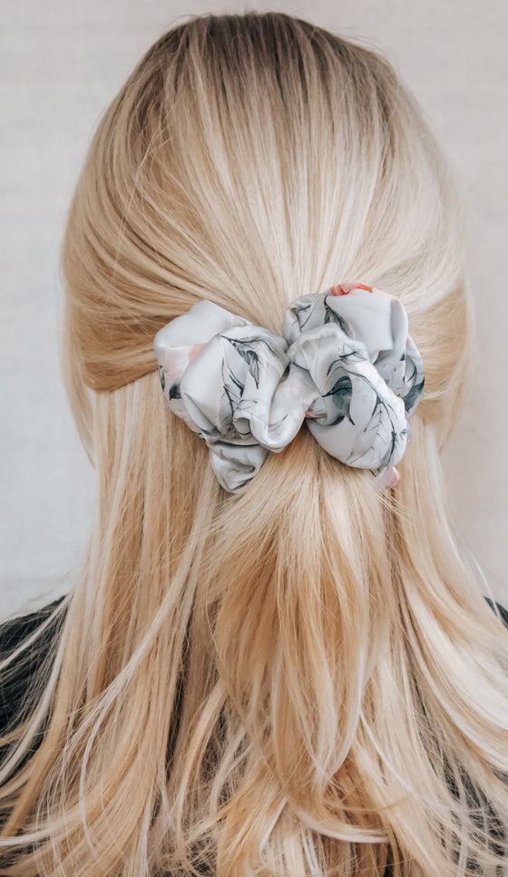 grey floral satin scrunchie blonde
