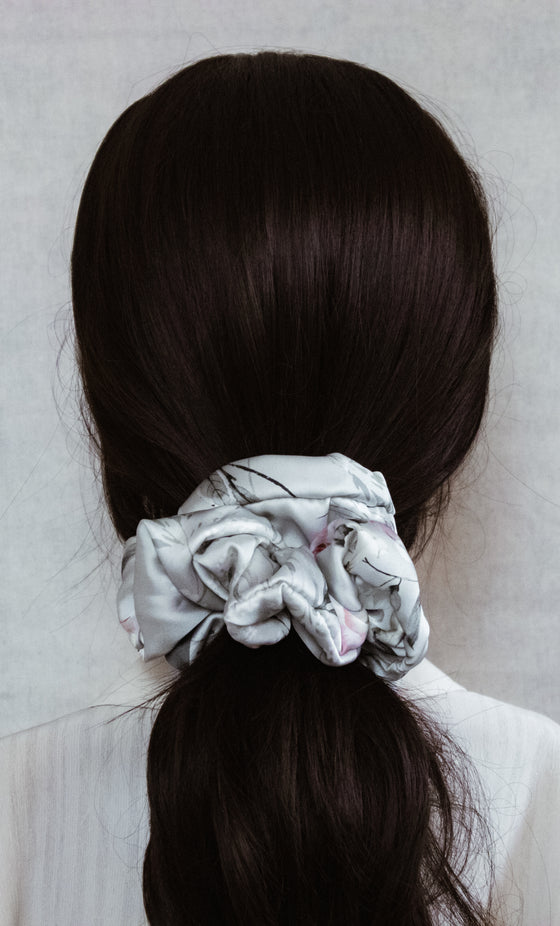 grey floral satin scrunchie brunette